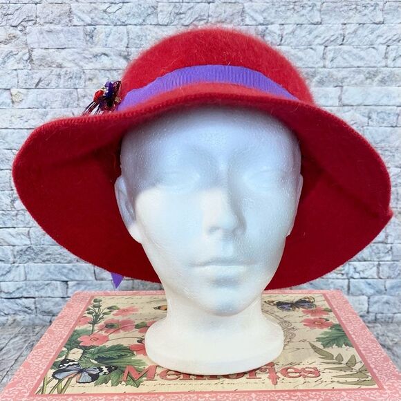 Vintage Red Wool & Angora Blend Hat Purple Ribbon Accents Angel - Picture 4 of 5